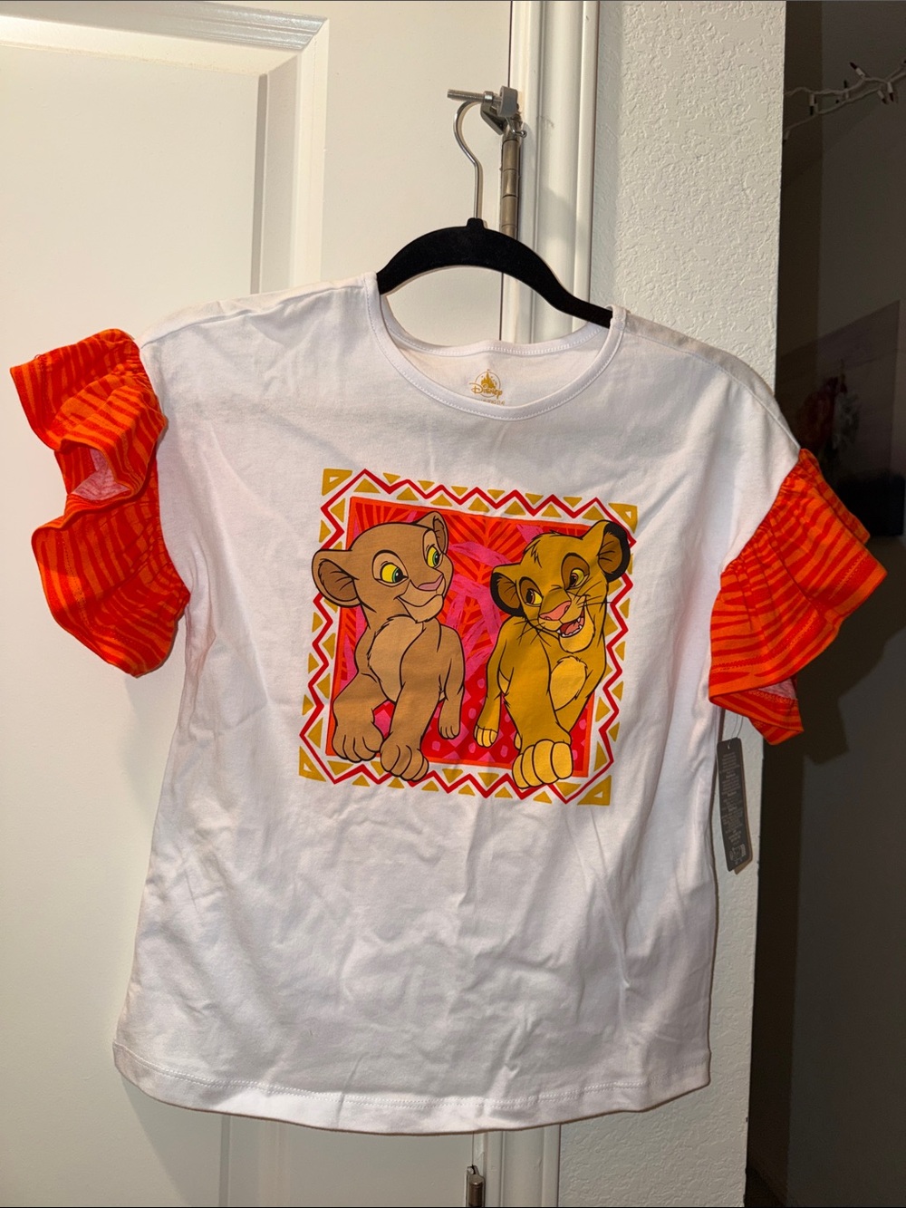 Disney White Tee with Orange Ruffle Sleeves and Lion King Print